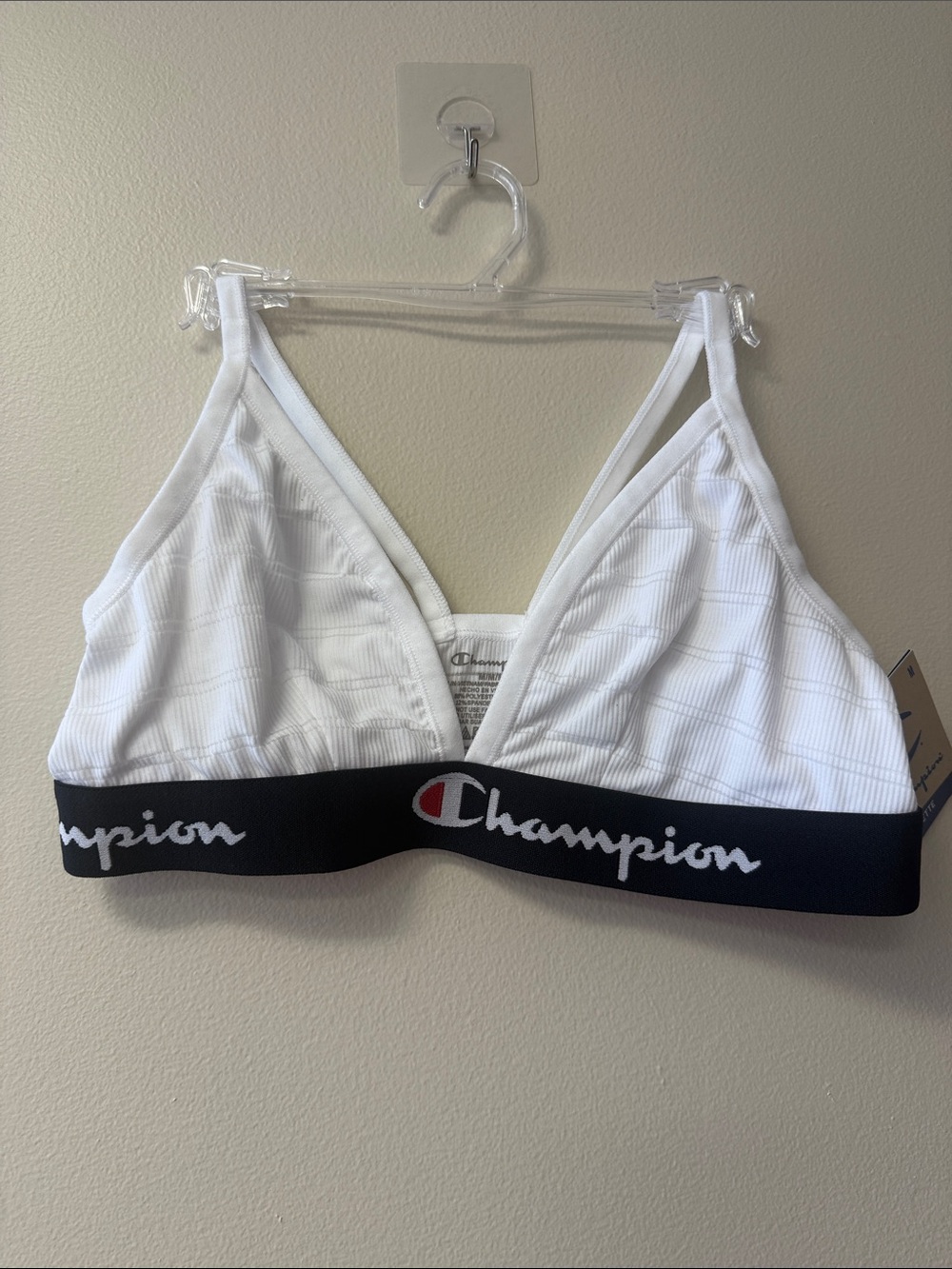 Champion White Ribbed Triangle Bralette with Black Logo Band and Red Accent